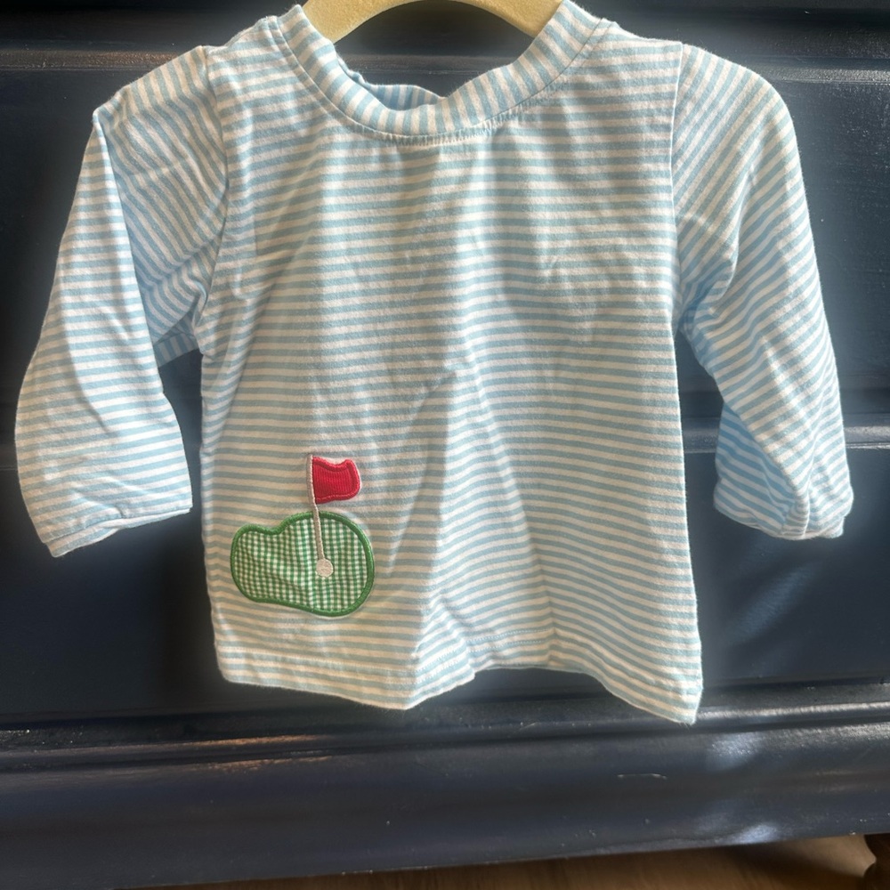 Blue & White Striped Long-Sleeve Kids Top with Golf Patch